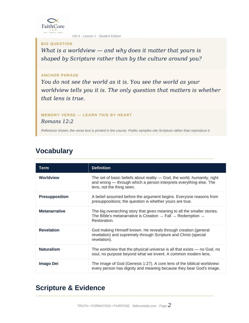 A real FaithCore Lab lesson page — Grade 11 BibleCore, with memory verse, vocabulary, and Scripture references